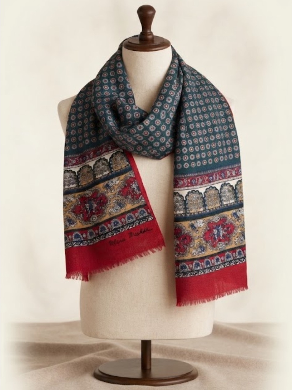 Vintage Marie Michèle Wool Fringe Scarf Multicolored Geometric Floral Print